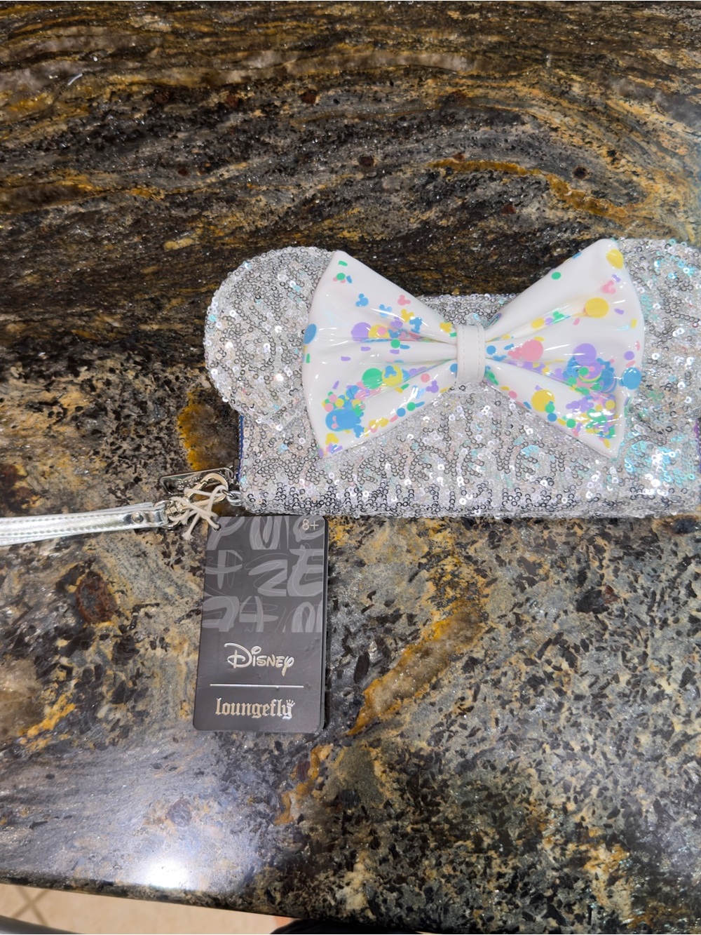 Loungefly Silver Sequin Minnie Wristlet with Confetti Bow
